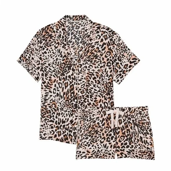 Victoria's Secret Satin Short Pajama Set Pink Leopard Print - Picture 2 of 6